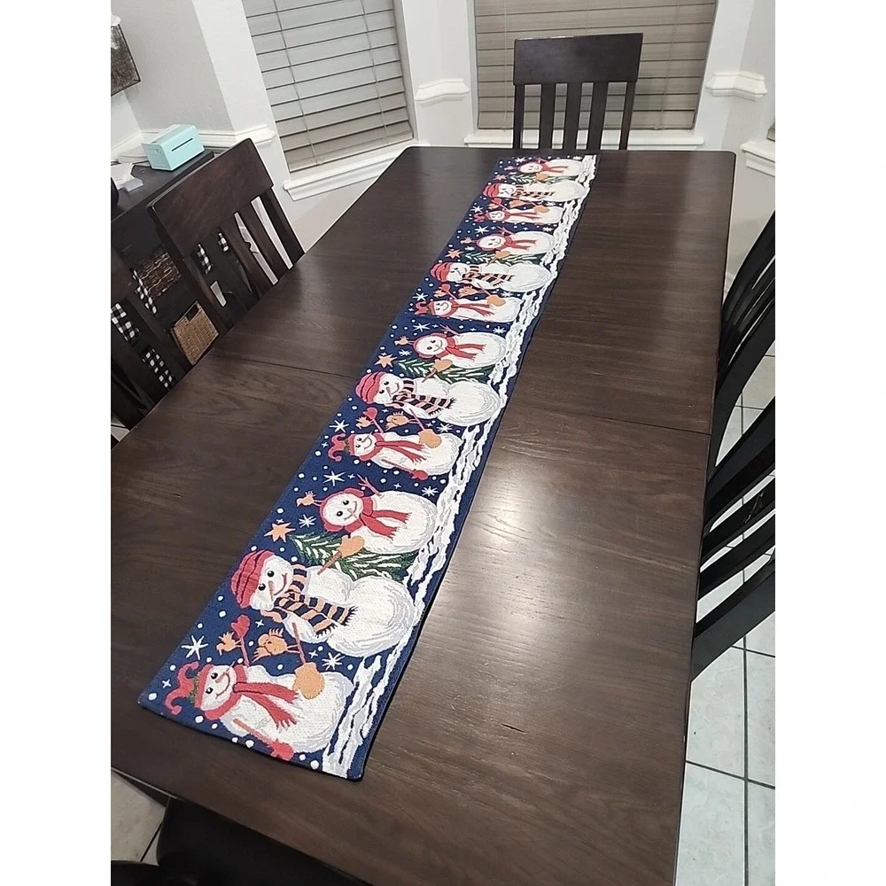 Christmas Tapestry Table Runner Snowman Winter Scene 72x13 Holiday Table Setting